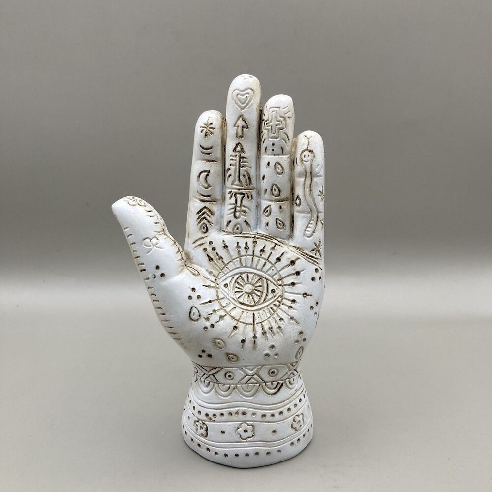 White Hamsa Religious Spiritual Hand Figural Decor, 5 inches Tall Polyresin